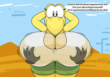 anthro big_breasts bodily_fluids bottomwear breasts clothing day desert disembodied_hand eyelashes female green_bottomwear green_clothing green_shorts hand_on_breast huge_breasts hyper hyper_breasts outside raised_arms shorts standing sweat sweaty_breasts text yellow_body mattthetooncat mario_bros nintendo koopa koopa_troopa scalie 2025 digital_drawing_(artwork) digital_media_(artwork) english_text hi_res signature