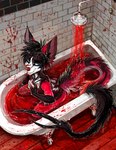 4_fingers anthro bathtub big_ears blood blood_bath bodily_fluids claw_foot_bathtub fingers gore hair hand_print kneeling licking long_tail male multicolored_ears nude pipe red_nose self_lick smile smirk solo tail tongue tongue_out up_and_over wall_(structure) jeffusherb felid feline mammal 2019 digital_media_(artwork) digital_painting_(artwork) hi_res