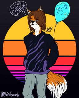5_fingers anthro birthday clothing femboy fingers fluffy fluffy_tail fox_tail male retro smile solo synthwave tail comfycushion windzurartz canid canine fox mammal digital_media_(artwork)