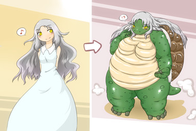 anthro before_and_after blush exclamation_point female hair human_to_anthro interrobang obese obese_female overweight overweight_female question_mark smile solo species_transformation transformation weight_gain white_hair yellow_eyes izumi_(artist) human mammal reptile scalie turtle 2014