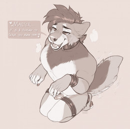 animal_genitalia anthro cheek_tuft collar facial_tuft fangs genitals glistening glistening_eyes hair humanoid_genitalia humanoid_penis hybrid_genitalia hybrid_penis kneeling male male_anthro narrowed_eyes nipples nude open_mouth pawpads penis sheath sheathed_humanoid_penis short_hair simple_background solo speech_bubble tail tail_motion tailwag teeth text tuft seraphictiger canid canine mammal artist_name english_text hi_res monochrome