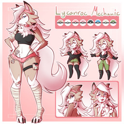 accessory anthro areola band-aid bandage barbell_piercing biped blue_eyes blush blush_lines border bottomwear breasts brown_body brown_fur chest_tuft claws clothed clothing crotch_tuft eyelashes feet female fur hair hands_on_own_hips headband hindpaw hotpants long_eyelashes long_hair navel nipple_dip nipple_piercing nipples paws piercing pink_areola pink_background pink_bottomwear pink_clothing pink_nipples pink_shorts shorts simple_background solo standing thong_straps toe_claws tools tuft white_body white_border white_fur white_hair wrench spider_bones nintendo pokemon generation_7_pokemon lycanroc midday_lycanroc pokemon_(species) 1:1 2025 digital_media_(artwork) hi_res model_sheet shaded