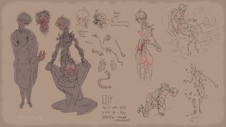 3_toes 4_fingers blush blush_lines bodily_fluids body_blush breasts butt_blush claws clothing creepy ear_blush exoskeleton featureless_breasts featureless_crotch feet female finger_claws fingers hair head_tuft insectophilia long_tongue looking_at_viewer mask open_mouth overalls presenting saliva saliva_string sharp_teeth short_hair simple_background sitting solo sweater teeth text toe_claws toes tongue tongue_out topwear tuft undressing skinnedteeth lily_(skinnedteeth) animal_humanoid arthropod arthropod_humanoid humanoid insect insect_humanoid 16:9 absurd_res colored_sketch english_text flat_colors hi_res monochrome signature sketch widescreen