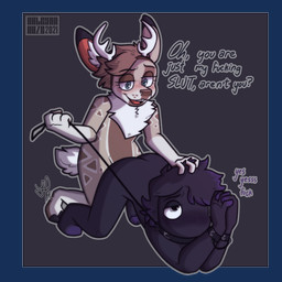 4_fingers all_fours anal anal_penetration anthro antlers blue_eyes blush butt collar collar_pull dialogue doggystyle duo erection fingers from_behind_position fur genitals hair hand_on_head horn humanoid_genitalia humanoid_on_anthro humanoid_penis interspecies looking_pleasured looking_up male male/male male_penetrated male_penetrating male_penetrating_male markings penetration penis pulling_hair scut_tail sex short_tail smile spots spotted_body tail text touching_hair queerdeer69 birch_(queerdeer69) deer human humanoid mammal 1:1 alpha_channel english_text