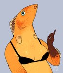 anthro black_bra black_clothing black_underwear blue_eyes bottomless bra bra_only breasts brown_hands cleavage clothed clothing eyelashes female fin gills head_fin non-mammal_breasts orange_body raised_finger round_eyes simple_background smile solo thick_neck underwear underwear_only vacant_eyes kewpiekills fish marine digital_media_(artwork) hi_res signature