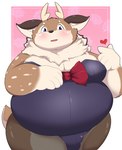 anthro belly big_belly blush brown_body bulge clothed clothing crossdressing heart_symbol kemono male overweight overweight_male solo kusosensei tamacolle kazusa deer mammal 2023