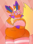 anthro bell bell_collar big_breasts bra breasts clothing collar eyewear female flower footwear freckled_breasts freckles fusion glasses huge_breasts musk overweight plant pokemon_fusion socks solo squish thick_thighs thigh_squish underwear nanabsylve nintendo pokemon fan_character eeveelution espeon flareon generation_1_pokemon generation_2_pokemon pokemon_(species) hi_res trans_(lore) trans_woman_(lore)