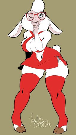 anthro big_breasts blue_eyes breasts cleavage clothed clothing dress eyewear female fingers glasses hooved_fingers hooves humanoid_hands legwear looking_at_viewer navel one_eye_closed pink_body shush solo teal_eyes text thick_thighs thigh_highs unguligrade wearing_glasses white_body wide_hips wink wool_hair acethebigbadwolf disney zootopia dawn_bellwether bovid caprine mammal sheep 4k 9:16 absurd_res artist_name digital_media_(artwork) hi_res
