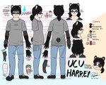 anthro black_body black_fur bottomwear chibi clothing denim denim_bottomwear denim_clothing drawing_glove eyewear fingerless_(marking) footwear fur glasses gloves hair hair_down handwear jeans male markings multiple_poses pants ponytail pose shoes simple_background skirt solo tail_through_keyhole text whisker_spots white_markings wristband evan_harrey ucu_harrey bear jucumari mammal short-faced_bear spectacled_bear ucumar english_text model_sheet watermark