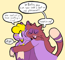 anthro blonde_hair brown_body brown_fur clothing dialogue duo facial_markings female fur hair head_markings markings mask_(marking) purple_body purple_clothing purple_shirt purple_topwear ring_(marking) ringed_tail shirt simple_background speech_bubble striped_markings striped_tail stripes tail tail_markings text topwear yellow_background bigsteppies liliko_(sofmallow) noodle_(aimkid) domestic_ferret mammal mustelid musteline true_musteline weasel english_text