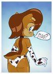 animal_print anthro armwear blue_eyes border brown_body brown_hair butt clothed clothing collar cow_print detached_sleeves dialogue ear_piercing ear_tag female hair looking_back nervous_smile piercing solo speech_bubble tail topless topless_female underwear white_border colono archie_comics sega sonic_the_hedgehog_(archie) sonic_the_hedgehog_(comics) sonic_the_hedgehog_(series) sally_acorn chipmunk ground_squirrel mammal rodent sciurid