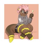 3_toes anthro barefoot bottomwear brown_body brown_fur candy clothing crossed_legs dessert dolphin_shorts eyewear feet female food fur glasses hair holding_object hoodie lollipop looking_at_viewer markings paws pink_hair shorts sitting solo tail thick_tail toes topwear yellow_eyes yellow_inner_ear yellow_markings louart casey_quartz mammal mustelid otter 1:1 2024 absurd_res hi_res