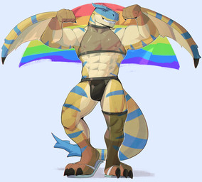 abs anthro biceps claws clothing eyes_closed flag flag_(object) flexing flexing_bicep flexing_both_biceps footwear holding_flag holding_object lgbt_pride male muscular muscular_anthro muscular_male nipples pride_color_flag pride_colors rainbow_pride_colors sandals shoes six-stripe_rainbow_pride_colors smile solo super_gay tail toe_claws topwear underwear wings jrjresq capcom monster_hunter mythology dragon flying_wyvern mythological_creature mythological_scalie scalie tigrex hi_res
