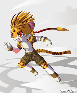 anthro armwear blonde_hair bottomwear brown_bottomwear brown_clothing brown_highlights brown_markings brown_nose brown_shorts cheek_tuft clothed clothed_anthro clothed_male clothing countershading facial_tuft fangs feet fur hair highlights_(coloring) hindpaw kemono legwear male male_anthro markings multicolored_body multicolored_fur open_mouth paws pink_inner_ear red_eyes shorts solo spiky_hair striped_body striped_fur striped_markings striped_tail stripes tail tail_markings teeth topless topless_anthro topless_male tuft white_body white_countershading white_fur young young_anthro young_male cyyeun felid mammal pantherine tiger 2007 full-length_portrait portrait