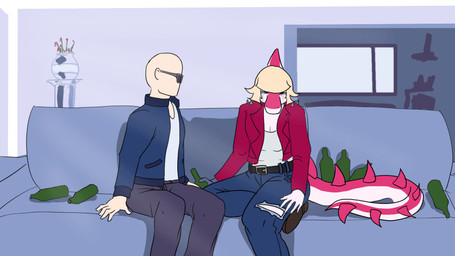 anthro bald beer_bottle blonde_hair blue_clothing blue_jacket blue_topwear bodily_fluids bone_frill bottle bottomwear clothed clothed_anthro clothed_female clothed_human clothed_male clothing container crying denim denim_bottomwear denim_clothing detailed_background duo eyewear female fingers frill_(anatomy) front_view furniture grey_bottomwear grey_clothing grey_pants hair human_on_anthro humanoid_hands inside interspecies jacket jeans long_hair long_tail looking_down male male/female open_clothing open_jacket open_topwear pants pink_body red_clothing red_jacket red_topwear sad shirt sitting sofa spiked_tail spikes spikes_(anatomy) sunglasses tail tears topwear torn_bottomwear torn_clothing torn_pants white_body white_clothing white_shirt white_topwear sebek_fereh_ra cavemanon_studios i_wani_hug_that_gator inco_(iwhtg) mia_moretti dinosaur hadrosaurid human mammal ornithischian ornithopod parasaurolophus prehistoric_species reptile scalie 16:9 colored hi_res shaded widescreen