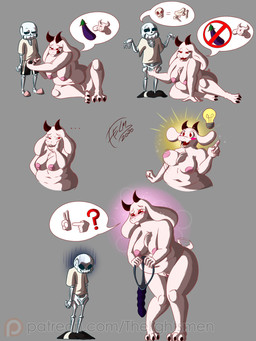 anthro belly bone bottomwear bottomwear_down chest_tuft claws clothed clothing dildo duo eggplant_emoji female footwear grey_background horn huge_dildo inverted_nipples long_ears male male/female mature_female nipples no_genitals overweight overweight_anthro overweight_female partially_clothed red_eyes sex_toy shirt shoes shorts shorts_down simple_background size_difference skeleton slippers smile soriel speech_bubble strapon tail thinking thinking_pose toe_claws topwear tuft conditional_dnp thelightsmen undertale undertale_(series) sans_(undertale) toriel 3:4 hi_res
