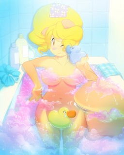 anthro bath bathtub big_breasts blonde_hair breasts brown_eyes convenient_censorship female fur hair looking_at_viewer one_eye_closed solo wink miu cream_(miu) mammal rodent sciurid tree_squirrel 4:5 digital_media_(artwork) shaded
