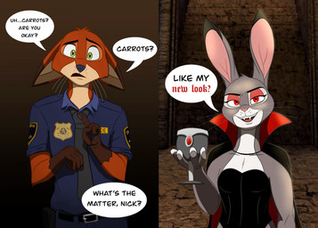 anthro cape clothed clothing container cup duo fangs female fur goblet grey_body grey_fur male necktie open_mouth orange_body orange_fur police police_badge police_uniform red_eyes speech_bubble teeth text uniform whiskers yellow_eyes kcvulpinestudios disney zootopia judy_hopps nick_wilde canid canine european_rabbit fox lagomorph leporid mammal oryctolagus rabbit red_fox true_fox vampire 2024 digital_media_(artwork) english_text hi_res