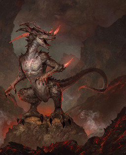 anthro brown_body claws horn male nude open_mouth red_horn rock sharp_teeth smoke solo standing tail teeth gerryarthur kobold scalie 2015 digital_media_(artwork)