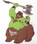 absurd_res armpit_hair axe barbarian bear beer_mug belly black_nipples body_hair bone brown_body brown_fur chest_hair double_bitted_axe durg_(crazy-go-lucky) durg_(themongrel) ear_piercing facial_piercing fur green_body green_skin hi_res humanoid hybrid male mammal melee_weapon musclegut muscular nipple_piercing nipples nose_piercing open_mouth orc orctaurbear overweight paws piercing skull solo taur themongrel tusks weapon