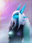 anthro blue_body blue_scales breasts female fish front_view hair hi_res josa looking_at_viewer marine multicolored_body multicolored_scales non-mammal_breasts pustyxox scales shark solo white_hair
