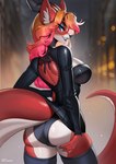 anthro big_breasts big_butt black_clothing black_lingerie breasts butt clothed clothing clothing_lift dress dress_lift female furred_ears hair hand_on_butt legwear lingerie long_hair looking_at_viewer multicolored_body multicolored_hair non-mammal_breasts open_mouth pointy_ears red_body red_skin snout solo tail thick_thighs thigh_highs two_tone_body two_tone_hair wide_hips aomori mythology dragon mythological_creature mythological_scalie scalie 2025 hi_res