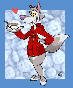 4_fingers anthro bottomless bottomless_anthro bottomless_female bowl cereal cheek_tuft claws clothed clothing container countershading crossgender dipstick_tail dipstick_toes eyelashes facial_tuft fangs feet female finger_claws fingers food fur grey_body grey_fur grey_hair hair hand_on_hip head_tuft hoodie jacket kitchen_utensils looking_at_object markings mascot mtf_crossgender multicolored_body multicolored_fur multicolored_tail open_mouth pear-shaped_figure pose purple_nose red_clothing red_hoodie red_jacket red_topwear simple_background smile solo standing tail tail_markings teeth toe_claws toes tools topwear tuft two_tone_body two_tone_fur wide_hips yellow_sclera unclescooter cookie_crisp general_mills chip_the_wolf canid canine canis mammal wolf digital_media_(artwork)