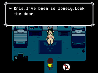 ambiguous_gender ambiguous_human anthro antlers bedroom breasts clothed clothed_ambiguous clothed_human clothing dialogue duo eye_bags female green_highlights highlights_(coloring) horn imminent_sex nipple_piercing nipples nude nude_anthro nude_female piercing sprite text text_box thick_thighs nsfwfromd deltarune undertale_(series) dess_holiday kris_dreemurr deer human mammal 2026 4:3 digital_media_(artwork) english_text hi_res pixel_(artwork) watermark