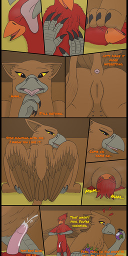 anal anthro anus beak bodily_fluids butt claws cum dialogue duo erection facesitting feathers feet female feral foot_fetish genital_fluids genitals licking lying male male/female nude on_back orgasm paws penis scratching sitting_on_another size_difference stable tail text tongue tongue_out vulva midnightgryphon mythology accipitrid accipitriform avian bird cardinal_(bird) eagle gryphon humanoid mythological_avian mythological_creature oscine passerine absurd_res comic english_text hi_res