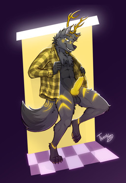 4_toes 5_fingers animal_genitalia animal_penis anthro balls big_balls big_penis biped black_body black_fur canine_genitalia canine_penis checkered checkered_floor claws clothed clothing deer_antlers digitigrade erection feet finger_claws fingers fur genitals glowing glowing_genitalia glowing_markings glowing_penis hindpaw knot knotted_penis looking_at_viewer male male_anthro markings muscular open_clothing open_shirt open_topwear pattern_clothing pattern_shirt pattern_topwear paws penis plaid plaid_clothing plaid_shirt plaid_topwear seductive sheath shirt smile smirk solo standing tail toe_claws toes topwear vein veiny_penis yellow_eyes yellow_markings theo_young canid canine canis cervine coyote deer hybrid mammal absurd_res digital_media_(artwork) hi_res