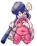 anthro balls belly big_balls big_belly bodily_fluids breasts drooling finger_in_mouth flaccid generation_9_pokemon genitals gynomorph hammer hi_res holding_object holding_weapon intersex nintendo nova_nsfw overweight penis pokemon pokemon_(species) saliva short_stack solo thick_penis tinkaton tools weapon weapon_on_shoulder