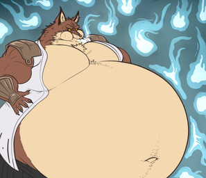 anthro belly big_belly brown_body brown_fur chest_tuft fur huge_belly hyper hyper_belly inflation male muscular muscular_arms muscular_male navel outie_navel solo soul_vore tan_body tan_fur tuft yellow_eyes eggo21 bleach_(series) sajin_komamura canid canine canis mammal wolf absurd_res hi_res