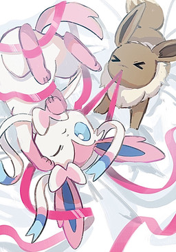 ambiguous_gender blue_eyes bow_(anatomy) brown_body brown_fur duo eyes_closed feral fur one_eye_closed paws pink_body pink_fur ribbons ribbons_(anatomy) size_difference tail white_body white_fur 1south3927 nintendo pokemon eevee eeveelution generation_1_pokemon generation_6_pokemon pokemon_(species) sylveon 2021 hi_res