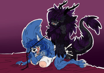 anthro antlers big_breasts bodily_fluids breasts butt butt_grab cum cum_in_vagina cum_inside dominant dominant_female duo ejaculation fangs female from_behind_position genital_fluids hand_on_butt horn horn_jewelry implied_vaginal jewelry larger_male leash leash_pull male male/female sabertooth_(anatomy) sex size_difference smaller_female teeth anonymous_artist krystal's_mom lucki_(luck-4) canid canine fox mammal wickerbeast absurd_res hi_res