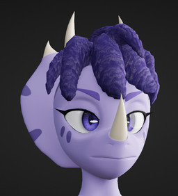 anthro black_background facial_horn female freckled_face freckles hair horn pupils purple_body purple_eyes purple_hair simple_background slit_pupils solo violetv0ids cavemanon_studios goodbye_volcano_high ko_op_(game_developer) snoot_game trish_(gvh) ceratopsian ceratopsid chasmosaurine dinosaur marginocephalian ornithischian prehistoric_species reptile scalie triceratops 3d_(artwork) digital_media_(artwork) headshot_portrait portrait