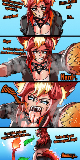 belly blue_background breasts dialogue eyebrows female fire flaming_tail hair looking_at_viewer occult_symbol onomatopoeia open_mouth orange_eyes orange_text pentagram pentagram_lingerie red_body red_hair red_scales rumbling_stomach scales simple_background solo sound_effects symbol tail talking_to_viewer teeth text tongue vore white_body white_skin j4d3n mythology dragon humanoid hybrid mythological_creature mythological_scalie scalie absurd_res comic hi_res