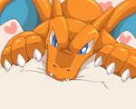 ambiguous_gender belly belly_rub blue_eyes breathing claws duo fur happy heart_symbol orange_body simple_background solo_focus white_body white_fur plus-alpha nintendo pokemon charizard generation_1_pokemon pokemon_(species) 2021 5:4 animated short_playtime