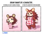 2023 animal_crossing anthro apron apron_only breasts brown_body clothing english_text eulipotyphlan female flat_chested freckled_face freckles guywiththepie hedgehog hi_res lidded_eyes looking_at_viewer mammal mostly_nude nintendo pink_background red_apron red_clothing sable_able simple_background slightly_chubby slightly_chubby_female smile solo text thick_thighs