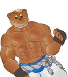 abs anthro butter clothing collar_tag dairy_products fingerless_gloves food gloves handwear leaning male muscular muscular_male pecs solo lukecrossaint doughberman bread_creature canid canine canis domestic_dog mammal