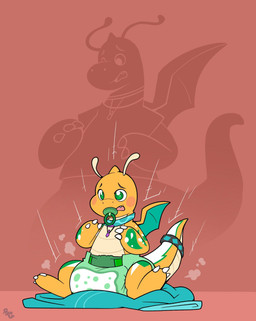 3_fingers 3_toes accessory age_regression ambiguous_gender antennae_(anatomy) anthro baby back_wings blue_wings blush blush_stickers claws clean_diaper clothed clothing collar diaper feet finger_claws fingers furgonomics green_markings green_pacifier head_horn horn logo markings object_in_mouth open_mouth orange_body orange_tail orange_wings pacifier pacifier_in_mouth red_background shrinking shrinking_out_of_clothes silhouette simple_background sitting size_transformation snaggle_tooth solo tail tail_accessory tailband toe_claws toes transformation two_tone_wings wearing_diaper white_markings wings worried yellow_antennae young bubblepuppers nintendo pokemon borealis_(whiteknightdragonite) dragonite generation_1_pokemon pokemon_(species) artist_logo hi_res