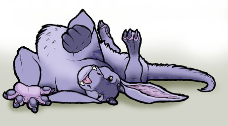 claws feral fluffy fur fuzzy horn looking_at_viewer lying male on_back paws purple_body purple_fur rolling shadow simple_background solo stripes tongue tongue_out toony tusks roryrochelle lagomorph leporid mammal rabbit full-length_portrait hi_res portrait