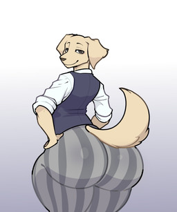 anthro big_butt blue_clothing blue_topwear blue_vest bottom_heavy bottomwear brown_eyes bubble_butt butt clothed clothed_anthro clothed_male clothing eyebrows fully_clothed fully_clothed_anthro fully_clothed_male fur grey_bottomwear grey_clothing grey_pants hands_on_hips huge_butt looking_at_viewer looking_back looking_back_at_viewer male mouth_closed pants pattern_bottomwear pattern_clothing pattern_pants rear_view shirt simple_background solo striped_bottomwear striped_clothing striped_pants stripes tail tan_body tan_fur thick_thighs tight_bottomwear tight_clothing tight_pants topwear vest white_background white_clothing white_shirt white_topwear an_ordinary_cat beastars jack_(beastars) bird_dog canid canine canis domestic_dog golden_retriever hunting_dog mammal retriever 2026 digital_drawing_(artwork) digital_media_(artwork) hi_res
