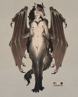 anthro biped black_body black_claws black_fur breasts cheek_tuft claws color_swatch digitigrade eyelashes facial_tuft fangs female female_anthro fluffy fluffy_ears fluffy_hair fluffy_tail front_view fur grey_body grey_fur hair long_ears long_eyelashes long_fangs long_hair long_tail medium_breasts membrane_(anatomy) membranous_wings navel nipples nude nude_anthro nude_female paws pose simple_background slim solo standing tail tasteful_nudity teeth text tuft white_body white_fur wings yellow_eyes tashiroth bat mammal artist_name digital_drawing_(artwork) digital_media_(artwork) full-length_portrait hi_res model_sheet portrait restricted_palette warm_colors