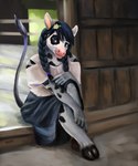 anthro barefoot biped black_hooves blue_eyes braided_hair clothed clothing feet female hair hooves pink_nose sitting smile solo lora_mclaren bovid bovine cattle mammal 2021 hi_res