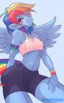 anthro anthrofied blue_body blue_feathers blue_fur blue_skin bottomwear bra breasts clothed clothing cutie_mark earbuds electronics feathered_wings feathers female fur hair half-closed_eyes headphones looking_at_viewer multicolored_hair multicolored_tail narrowed_eyes navel portable_music_player rainbow_hair rainbow_tail shorts simple_background small_breasts smile solo spandex spandex_shorts sports_bra tail tight_bottomwear tight_clothing tight_shorts underwear white_background wings kinkypinkink apple_inc. friendship_is_magic hasbro ipod my_little_pony mythology rainbow_dash_(mlp) equid equine mammal mythological_creature mythological_equine pegasus absurd_res hi_res