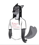 anthro black_hair ear_piercing ear_ring ears_back fangs fur grey_body grey_fur grumpy hair half-closed_eyes humor long_hair male narrowed_eyes novelty_clothing piercing pivoted_ears ring_piercing solo teeth cadaverrdog dragoslav_berezovsky canid canine canis eurasian_wolf mammal vampire wolf 2022 hi_res