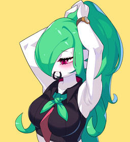 black_clothing black_topwear blush breasts clock clothed clothing eyelashes female green_hair hair long_hair medium_breasts not_furry object_in_mouth red_eyes simple_background solo topwear watch white_body yellow_background drunk_oak nintendo pokemon gardevoir generation_3_pokemon humanoid pokemon_(species) 2021 digital_media_(artwork)
