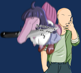 5_fingers ahoge bald blue_hair bottomwear clothing denim denim_bottomwear denim_clothing dorsal_frill duo female feral fingers footwear frill_(anatomy) green_clothing green_jacket green_topwear hair hand_in_pocket jacket jeans knife knife_in_mouth light-skinned_male light_body light_skin long_hair long_snout long_tail male midair motion_blur object_in_mouth pants pockets purple_body purple_scales sandals scales shoes simple_background snout tail tail_frill text topwear transparent_background jacket_ignites cavemanon_studios eminem_throw snoot_game anon_(snoot_game) rosemary_(snoot_game) dinosaur human mammal prehistoric_species reptile saurischian scalie spinosaurid spinosaurus theropod 2025 alpha_channel artist_name digital_drawing_(artwork) digital_media_(artwork) english_text meme signature