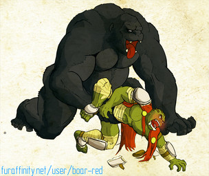 armor bandage bestiality blush body_grab cape clothing dominant dominant_male duo feral forced green_body green_skin humanoid_on_feral larger_dom male male/male muscular muscular_male open_mouth pecs rape sex size_difference slightly_chubby submissive submissive_male tongue tongue_out tusks warrior boarred ape gorilla haplorhine humanoid mammal orc primate