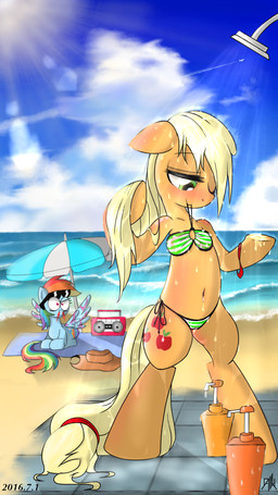 bathing beach bikini blonde_hair blood blush bodily_fluids boombox clothing cloud cowboy_hat cutie_mark detailed_background duo eyelashes eyewear feathered_wings feathers female female/female feral green_eyes hair hat headgear headwear light lying multicolored_hair nosebleed nude on_towel one_eye_closed outside purple_eyes rainbow_hair sand seaside shadow shampoo shower sky smile standing sun sunglasses sunlight swimwear tile towel two-piece_swimsuit umbrella water wet wide_eyed wing_boner wings yorozpony friendship_is_magic hasbro my_little_pony mythology applejack_(mlp) rainbow_dash_(mlp) earth_pony equid equine horse mammal mythological_creature mythological_equine pegasus pony 2016 hi_res